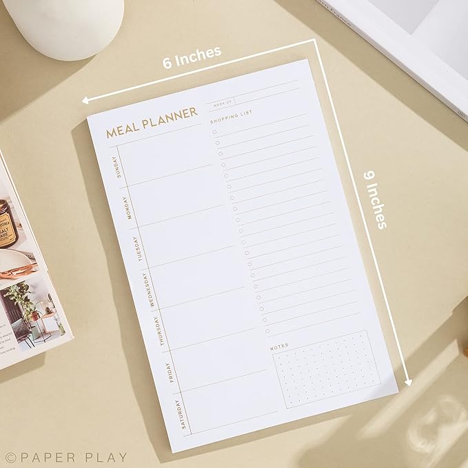 Matte Gold Foil Magnetic Meal Planning Pad for Fridge 52 Undated Tear-off Sheets, 6x9 Inch Meal Planner & Grocery List with Magnet, Weekly Meal Planner with Tear Off Shopping List