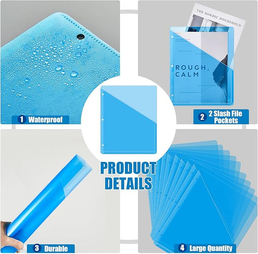 Seajan 100 Pcs Pocket Folders for 3 Ring Binder Clear Plastic Folders Sleeves with 2 Pockets 3 Hole Punch Binder Dividers Poly Slash File Jackets for Office School Document Organizer (Blue)