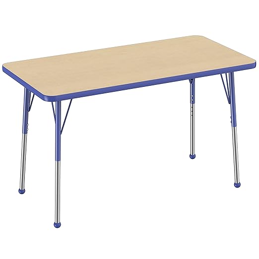 Factory Direct Partners FDP Rectangle Activity School and Office Table (24 x 48 inch), Standard Legs with Ball Glides, Adjustable Height 19-30 inches - Maple Top and Blue Edge