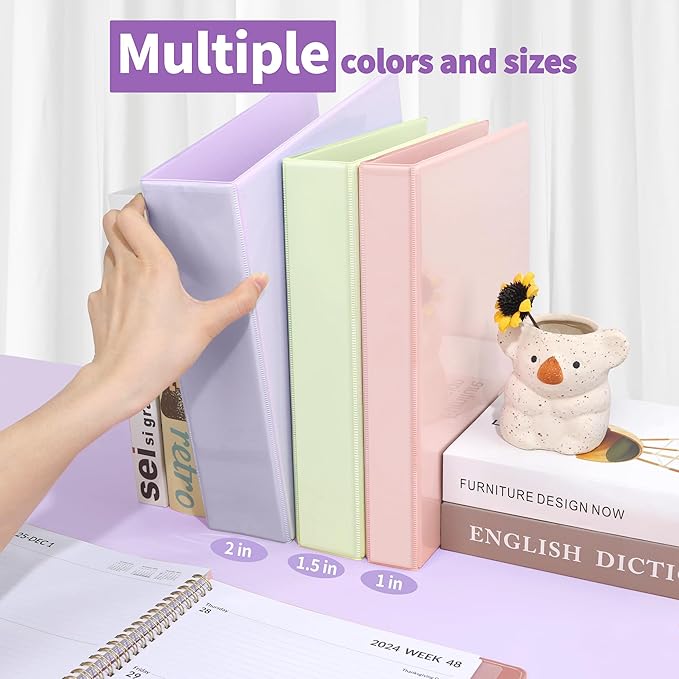 SUNEE 3 Ring Binder 1.5 Inch D Ring, Clear View Binder Three Ring PVC-Free (Fit 8.5x11 Inches) for School or Office Supplies, Purple, 2 Pack