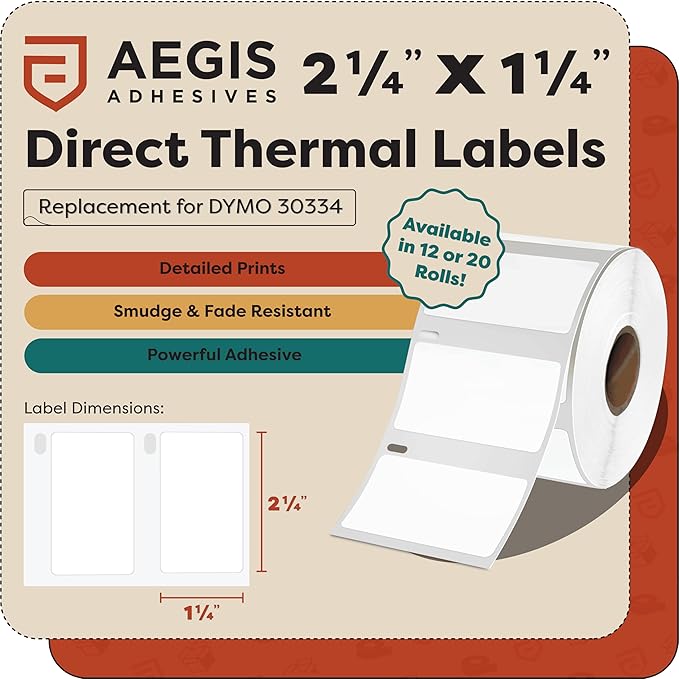 Aegis Adhesives - Compatible Direct Thermal Labels Replacement for DYMO 30334 (2-1/4" X 1-1/4") Barcode, UPC - Use with Labelwriter 450, 450 Turbo, 4XL Printers (12 Rolls)