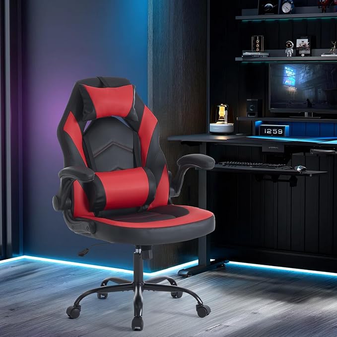 DUMOS Ergonomic Gaming Office Desk Chair with Flip-up Armrests for Adults, Height Adjustable PU Leather Video Game Computer Chair with 360° Rolling Wheels for Home and Office, Black Red