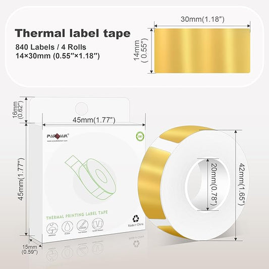 PARLAIM Label Maker Tape,Thermal Label 0.55"X1.18" (14mm X 30mm) 840 Labels/4Rolls,Thermal Sticker Compatible with D30 Label Printer,Self-Adhesive Label Tape for Home Office Small Business (Gold)