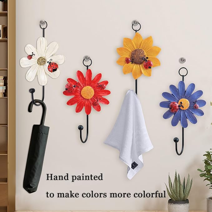 Notakia 8pcs Resin Daisy Flower Wall Hooks Decoration Hanging Coat Hooks Vintage Art Printing Iron Hook Key Hat Towel Wall Mounts Hooks Home Decor