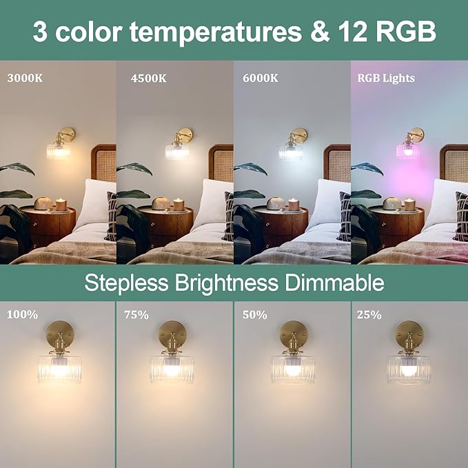 Vintage Battery Operated Wall Sconce with Clear Striped Glass Lampshade 5000 mAh Rechargeable Battery Powered Wall Light with Remote Control for Bedside Bedroom Doorway, Set of 2
