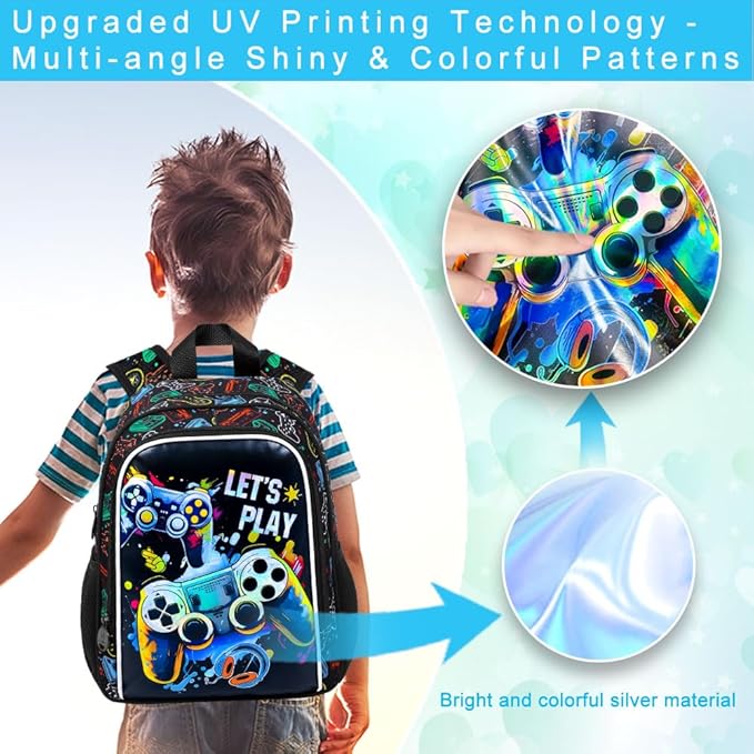 KLFVB Boys Toddler Game Backpack, Water Resistant Kindergarten Bookbag, 13" Preschool Backpacks for Toddler - Game Black