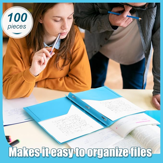 Lincia 100 Pcs Plastic Folders with Pockets and Prong Folders with Prongs Plastic Folders with 2 Pockets Pocket Folders for Office, School for Students, Teachers, Office Workers (Light Blue)