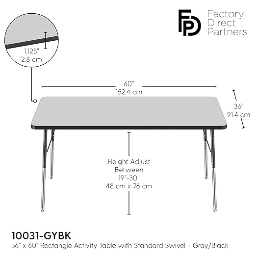 FDP Rectangle Activity School and Office Table (36 x 60 inch), Standard Legs with Swivel Glides, Adjustable Height 19-30 inches - Gray Top and Black Edge