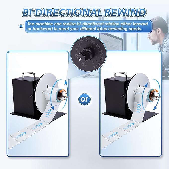 Automatic Label Rewinder Speed-Adjustable Label Rewinding Machine, Synchronized with Printer, Adjustable Core Holder 1"- 3", Label Width 120mm/4.72 inch,Roll Diameter 185mm/7.28"