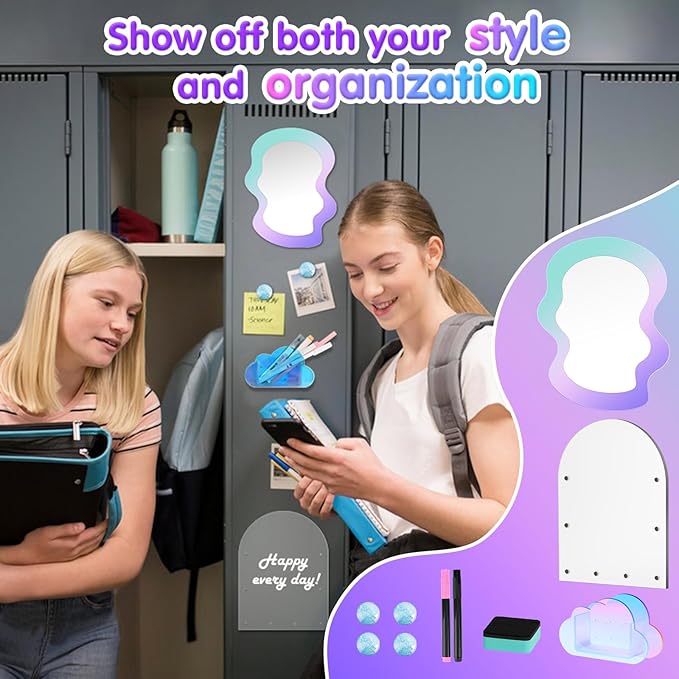MoKo Locker Accessories Set, 5 in 1 Back to School Supplies College Essentials Includes Magnetic Acrylic Board, Locker Mirror, Markers Holder,Marker Pens and Locker Magnets