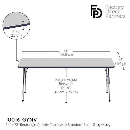 FDP Rectangle Activity School and Office Table (24 x 72 inch), Standard Legs with Ball Glides, Adjustable Height 19-30 inches - Gray Top and Navy Edge