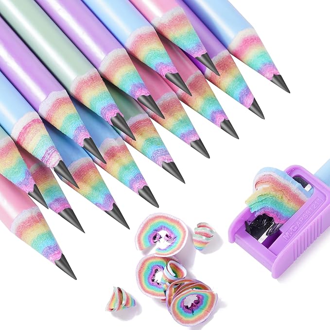 24PCS Eco-friendly Wood & Plastic Free Recycled Rainbow Paper Pencils #2 HB Pencils Number 2 Pencils Erasers Toppers with 2 Pencil Sharpener, Macaron Colored Pencils for School Office Supplies