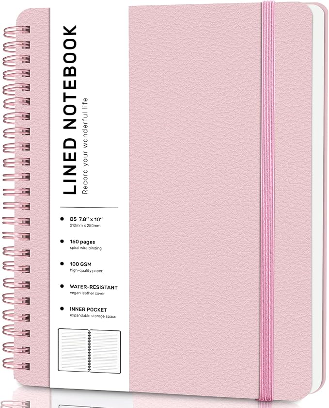Lined Spiral Journal Notebook, B5 Spiral Notebook, 7.8''×10'' Journaling Notebooks for Work, School, Women, College Ruled Spiral Notebook, Hardcover Leather Notebook for Note Taking Business, Pink