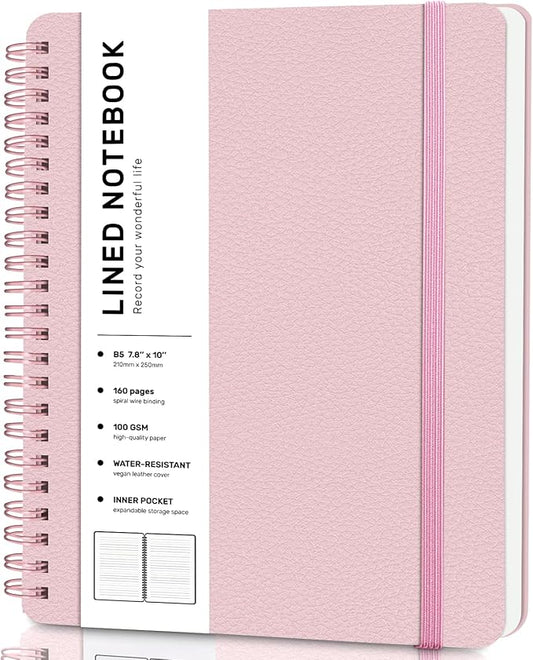 Lined Spiral Journal Notebook, B5 Spiral Notebook, 7.8''×10'' Journaling Notebooks for Work, School, Women, College Ruled Spiral Notebook, Hardcover Leather Notebook for Note Taking Business, Pink