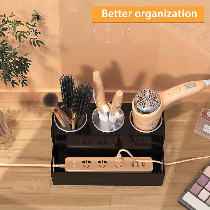 Hair Tool Organizer, Black Acrylic Hair Dryer Holder with 3 Cups, Bathroom Supplies Countertop Blow Dryer Holder, Vanity Caddy Storage Stand for Accessories, Makeup, Toiletries