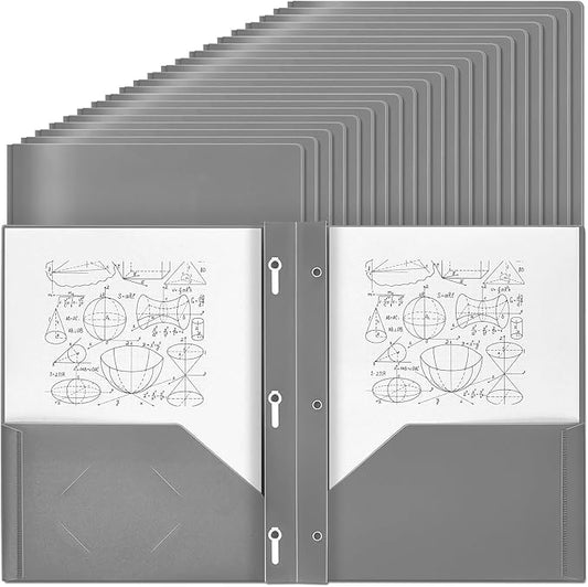 Lincia 100 Pcs Plastic Folders with Pockets and Prong Folders with Prongs Plastic Folders with 2 Pockets Pocket Folders for Office, School for Students, Teachers, Office Workers (Gray)