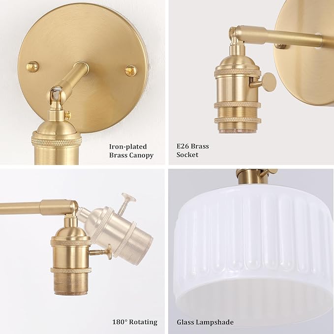 Vintage Battery Operated Wall Sconce with White Striped Glass Lampshade 5000 mAh Rechargeable Battery Powered Wall Light with Remote Control for Bedside Bedroom Doorway
