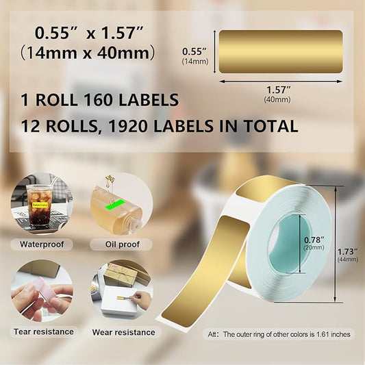 Thermal Label Tape 0.55"x1.57"(14x40mm) 12 Rolls,1920Pcs,Waterproof,Oil-Proof,Strong Adhesive Thermal Labels,Compatible with D30 Portable Thermal Printer,for Home,Office,Storage,10 Colors.