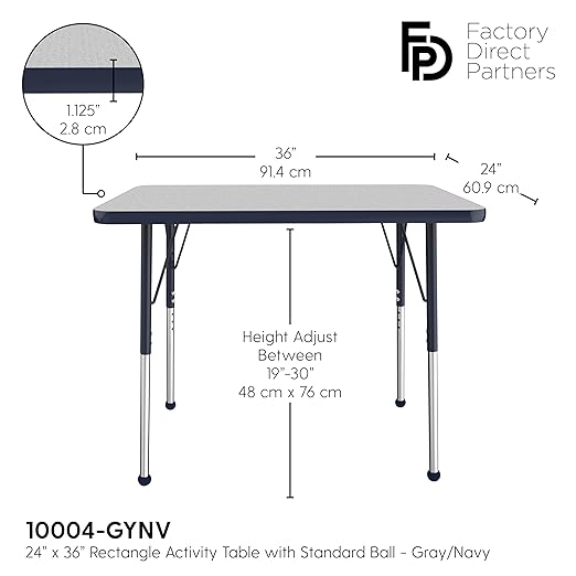 FDP Rectangle Activity School and Office Table (24 x 36 inch), Standard Legs with Ball Glides, Adjustable Height 19-30 inches - Gray Top and Navy Edge
