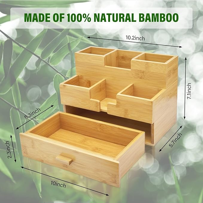 Bamboo Desk Organizer - Makeup & Pen Storage with Drawer & Pencil Holder for Office Organization