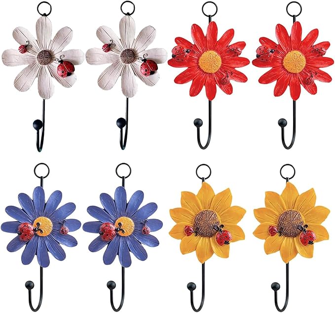 Notakia 8pcs Resin Daisy Flower Wall Hooks Decoration Hanging Coat Hooks Vintage Art Printing Iron Hook Key Hat Towel Wall Mounts Hooks Home Decor