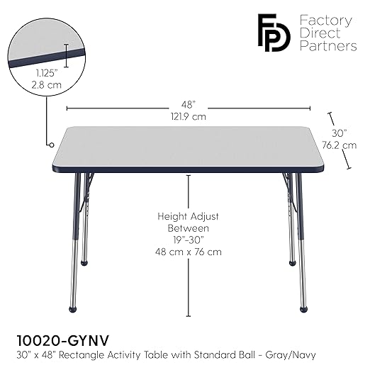 FDP Rectangle Activity School and Office Table (30 x 48 inch), Standard Legs with Ball Glides, Adjustable Height 19-30 inches - Gray Top and Navy Edge