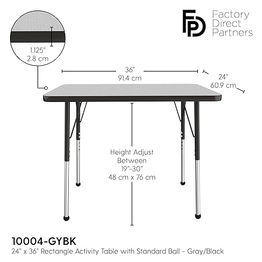 FDP Rectangle Activity School and Office Table (24 x 36 inch), Standard Legs with Ball Glides, Adjustable Height 19-30 inches - Gray Top and Black Edge