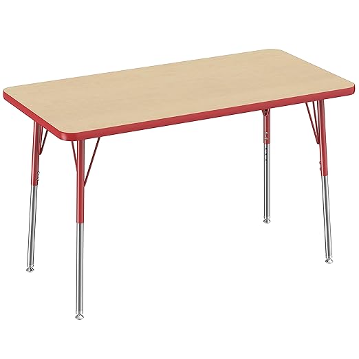 FDP Rectangle Activity School and Office Table (24 x 48 inch), Standard Legs with Swivel Glides, Adjustable Height 19-30 inches - Maple Top and Red Edge