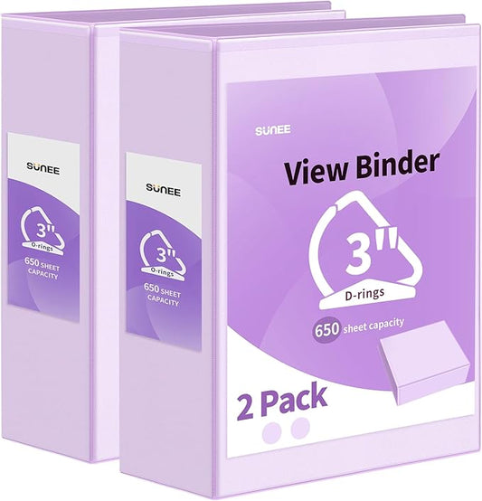 SUNEE 3 Ring Binder 3 Inch D Ring, Clear View Binder Three Ring PVC-Free (Fit 8.5x11 Inches) for School or Office Supplies, Purple, 2 Pack