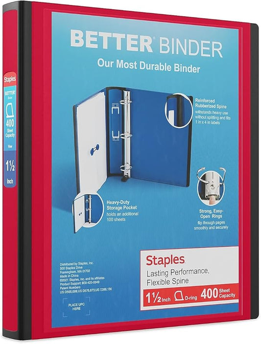 Staples 807711 1.5-Inch 3-Ring Better Binder Red (18369)