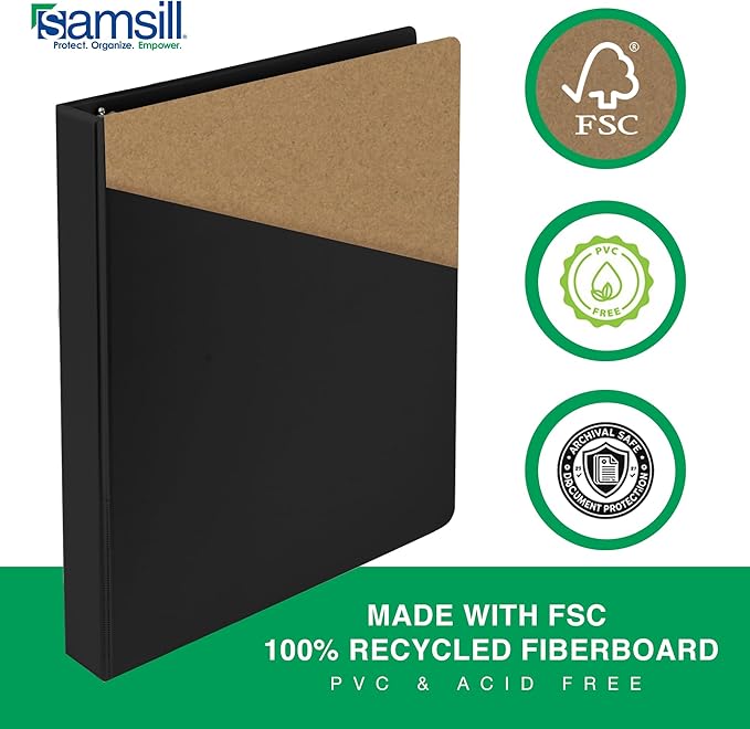 Samsill 1 Inch Document Storage Binder, Made in USA, FSC 100% Recycled Chipboard, Round Ring, 3 Ring Binder, 24 Pack, Black