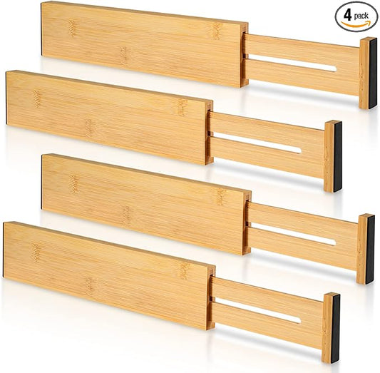 Drawer Divider for Kitchen Organization, Adjustable Bamboo Drawer Dividers Organizers (11.8-17) 4 Pack Expandable Utensil Organizers Separators for Kitchen, Bedroom & More