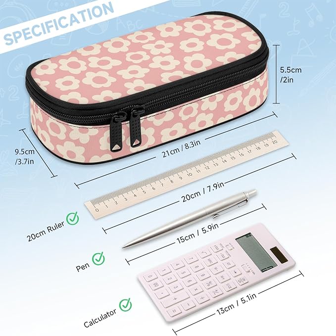 Pink Groovy Flowers Large Pencil Pouch Big Capacity Cute Pencil Case for Girls Boys Teen Women Men Adult, Portable Kids Pencil Bag with Zipper, Stationery Storage Pen Bag for School Office Organizer