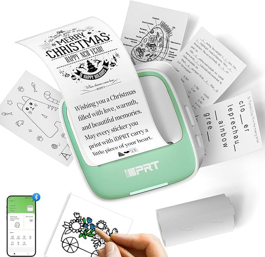 iDPRT Mini Sticker Printer - S1 Portable Sticker Maker Machine with 1 Roll Sticker Paper, Bluetooth Print Pods Pocket Printer for Study Notes, Graphics, Students, Kids Gift, Free App, Green