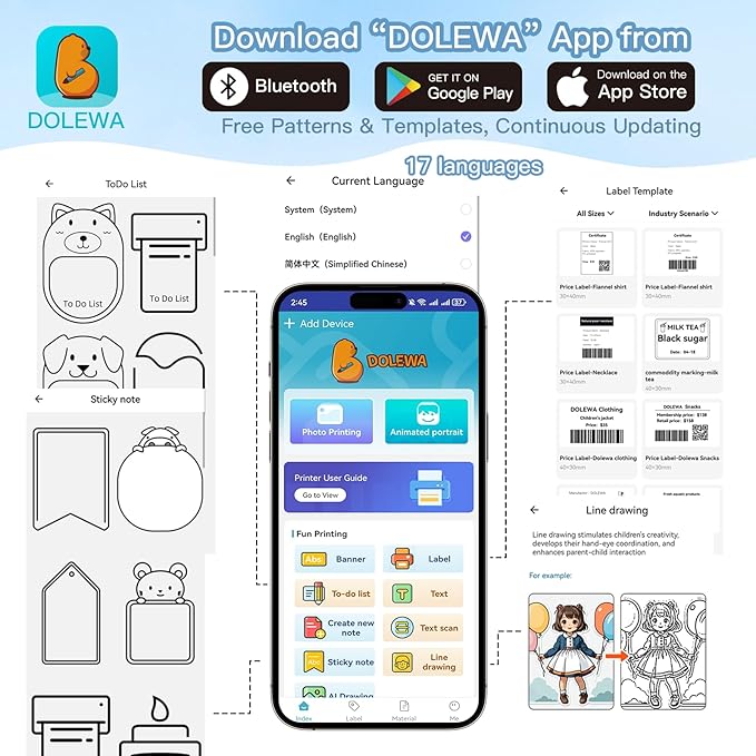 Sticker Printer with 9 Rolls Thermal Paper, Little Thermal Printer Compatible with iOS & Android, Pocket Inkless Mini Sticker Maker, Label Maker Machine for Study, Journal, Memo, Notes