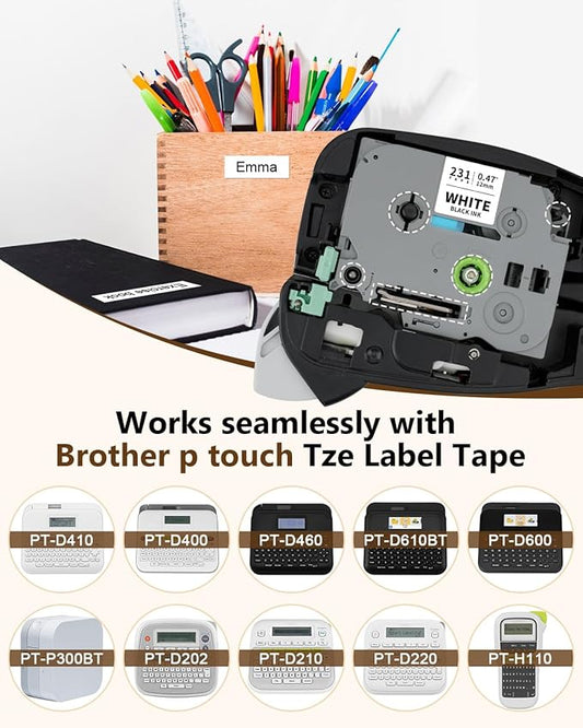 10-Pack P Touch Label Tape, TZe TZ Tape 12mm 0.47 Laminated White Compatible with Brother P Touch Label Maker Tape TZe-231 TZe231 Ptouch Refill for PT-H110 D220 D210 1280 1290 2040, Black on White