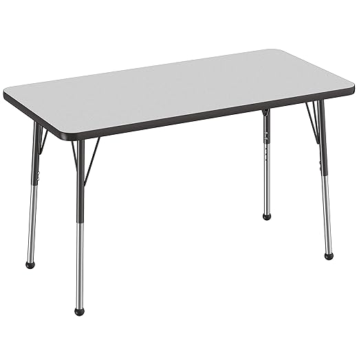 FDP Rectangle Activity School and Office Table (24 x 48 inch), Standard Legs with Ball Glides, Adjustable Height 19-30 inches - Gray Top and Black Edge