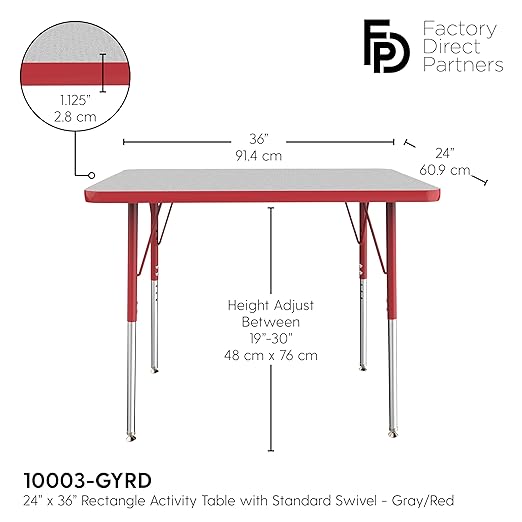 FDP Rectangle Activity School and Office Table (24 x 36 inch), Standard Legs with Swivel Glides, Adjustable Height 19-30 inches - Gray Top and Red Edge
