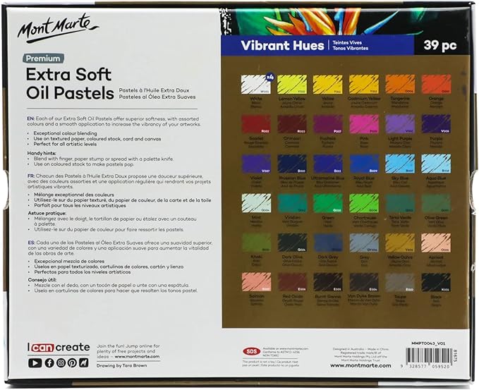 Mont Marte Extra Soft Oil Pastels 39pc, Assorted Bright Colors, Vibrant and Buttery, Versatile Art Pastels for Blending, Layering & Shading, Ideal for Art, Craft, Coloring and Sketching