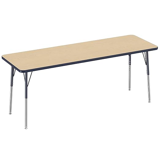 Factory Direct Partners FDP Rectangle Activity School and Office Table (24 x 72 inch), Standard Legs with Swivel Glides, Adjustable Height 19-30 inches - Maple Top and Navy Edge