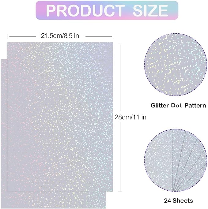 Holographic Sticker Paper, 24 Sheets Transparent Holographic Laminate Vinyl Sheets Self Adhesive, Clear Overlay Lamination Sticker Film for Stickers DIY Crafts, Dots Patterns - 8.5x11 Inch