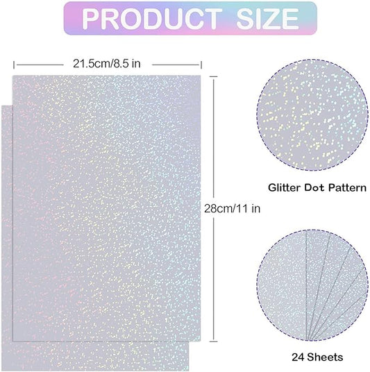 Holographic Sticker Paper, 24 Sheets Transparent Holographic Laminate Vinyl Sheets Self Adhesive, Clear Overlay Lamination Sticker Film for Stickers DIY Crafts, Dots Patterns - 8.5x11 Inch
