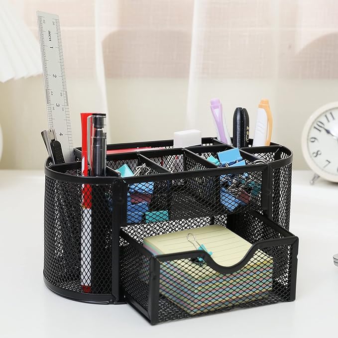 TWSOUL Mesh Desk Organizer, Multi-Functional Pencil Holder for Desk, Small Black Desk Organizer for Pen, Pencil, Small Office Supplies and Stationary Accessories Storage Organization