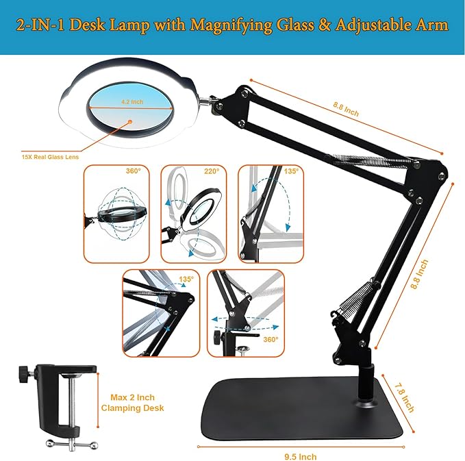 15X Magnifying Glass Desk Lamp with Metal Base, 5 Color Modes 10 Levels Adjustable Brightness, 360° Rotatable Flexible Aluminum Arms – Ideal for Reading, Crafting, Close Work, Eye-Caring Table Lamp