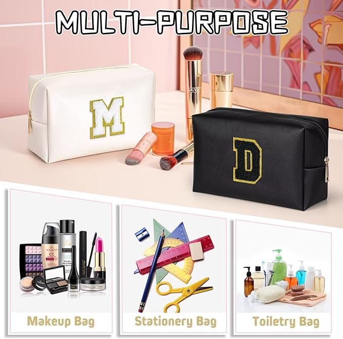TOPEAST Personalized Birthday Gifts for Women, Preppy Patch Makeup Bag, Chenille Letter Pouch Cosmetic Bag, Travel Organizer, Birthday Gifts for Friends, Cute Stuff (Black L)