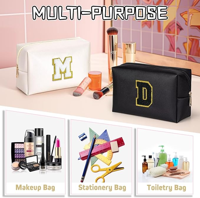 TOPEAST Small Makeup Bag Initial Cosmetic Bag Travel Toiletry Bag, Personalized Birthday Gift for Mom Sister Friends Teacher Nurse, Preppy Travel Stuff for Girls (Black O)