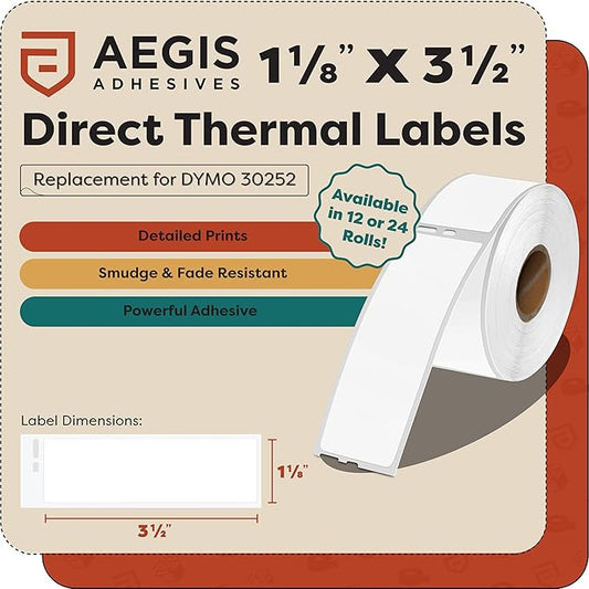 Aegis Adhesives - Compatible Direct Thermal Labels Replacement for DYMO 30252 (1-1/8" X 3-1/2") Address & Barcode - Use with Labelwriter 450, 450 Turbo, 4XL Printers (12 Rolls)