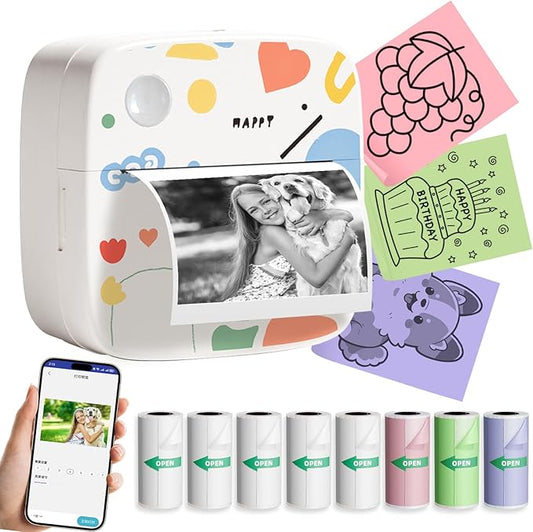 Sticker Printer with 9 Rolls Thermal Paper, Little Thermal Printer Compatible with iOS & Android, Pocket Inkless Mini Sticker Maker, Label Maker Machine for Study, Journal, Memo, Notes