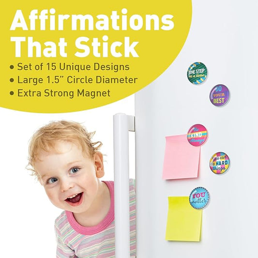 S&O Set of 15 Inspirational Magnets for Fridge - 1.5" Decorative Pins for Refrigerator - Cute Clips for Office - Motivational Buttons - Affirmation Emblems - Locker Charms for Boys & Girls
