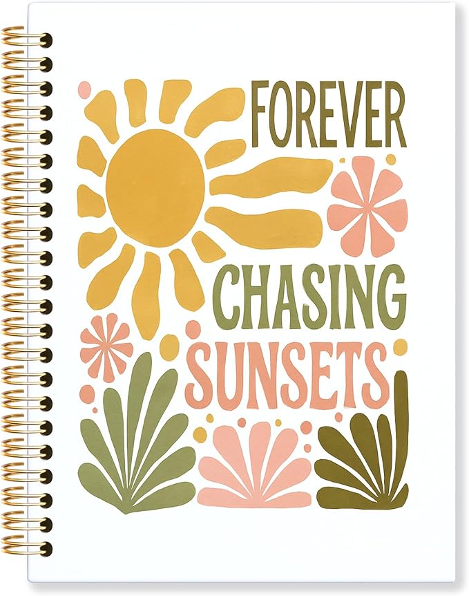 KRHFG Boho Floral Summer Spiral Notebook, Inspirational Gifts for Women Journal, Forever Chasing Sunsets Summer Motivational Therapy Notebooks, Boho Office Supplies, 5.5x8.3 Inch